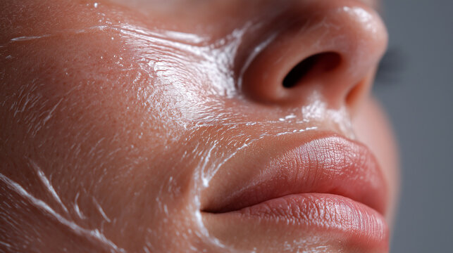 Jelly gel face mask translucent texture applied skincare closeup. Clear hydrogel beauty treatment glossy wet skin woman facial care. Modern elastic bouncy cosmetic product hydrating moisture routine.