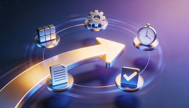 3d isometric digital illustration of a glowing silver arrow rising upward on a circular path with icons for time management gear process data storage and verified document - Powered by Adobe
