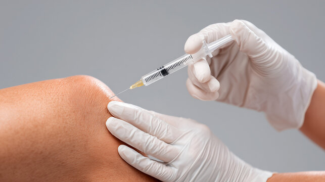 Medical injection procedure knee treatment. Doctor wearing white gloves administering syringe injection patient arm. Hyaluronic acid therapy, osteoarthritis treatment, orthopedic care, pain relief.