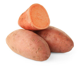 Whole and cut sweet potatoes isolated on white