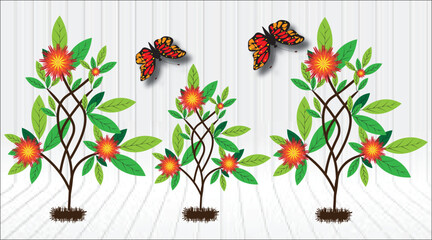 Colorful flowering green with green leaves and flying butterflies on black background.