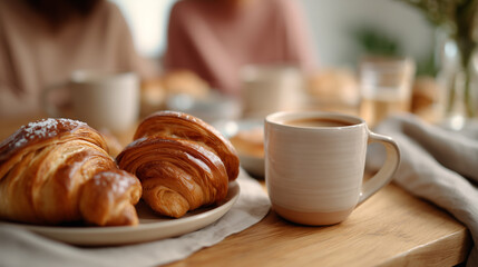 Fresh croissants, coffee cup, breakfast table setting. Cozy morning meal, bakery pastries, wooden board, white dishes. Relaxing home breakfast scene, delicious food, warm atmosphere, lifestyle moment.
