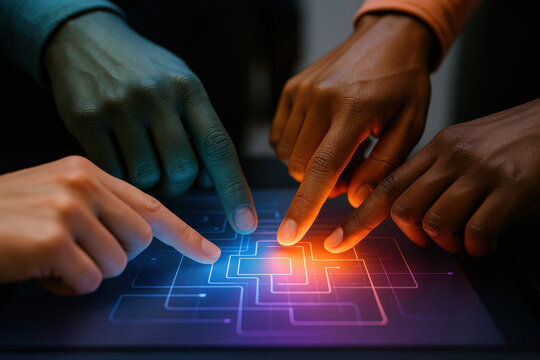Collaboration innovation diversity touchscreen co creation digital A diverse group hands touch a glowing interface together conveying energetic teamwork and creative excitement - Powered by Adobe