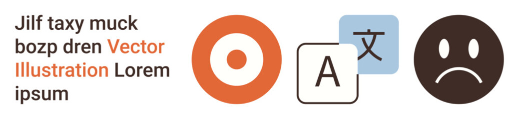 Language learning, translation services, communications, emotional expressions, multicultural interface, goal setting. Circular target, language symbols and a sad face icon. Language learning © robu_s