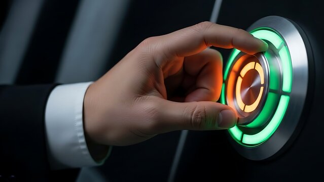 Hand pressing a glowing green and orange circular button on a dark background - Powered by Adobe