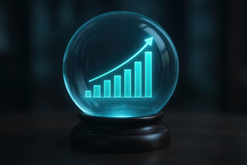 Crystal ball growth chart hologram data prediction a futuristic glass sphere displaying a rising bar chart that suggests confident future growth