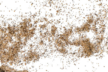 Scattered organic sand and fine pebbles isolated on white or transparent background. Minimalist beach texture with flying grains and copy space. Creative element for summer design and collages © ioanna_alexa