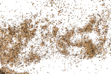 Scattered organic sand and fine pebbles isolated on white or transparent background. Minimalist beach texture with flying grains and copy space. Creative element for summer design and collages