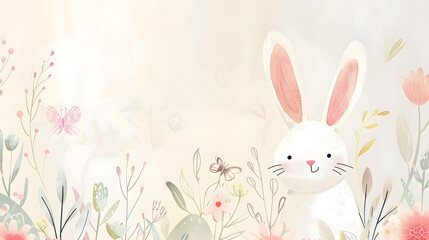 Obraz premium Easter bunny with easter eggs banner, background with space for lettering, Easter banner in pastel colours, vector illustration style 