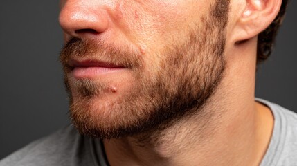 Obraz premium Close view of a mans face showing acne and facial hair in a simple indoor setting