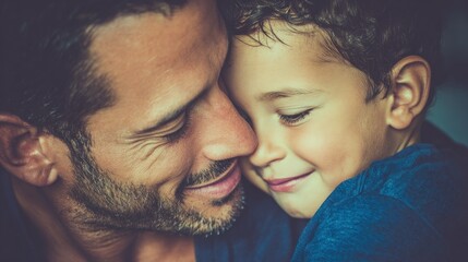 Father and son share a moment inside a home while smiling at each other