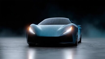 4k Futuristic sports car seen from the front in a dark high-tech environment, sleek aerodynamic body with glowing LED headlights. Transparent digital wireframe overlay intersects with - Powered by Adobe