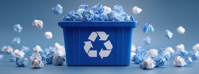 Blue recycling bin filled with crumpled paper and scattered waste around