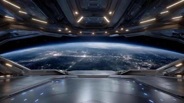 spaceship landing bay interior with massive panoramic window overlooking planet Earth from orbit, cinematic sci-fi hangar with symmetrical architecture, metallic walls