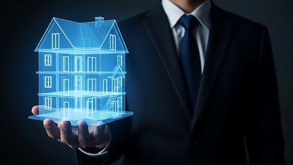 Person in suit holding a glowing blue house model on a digital screen