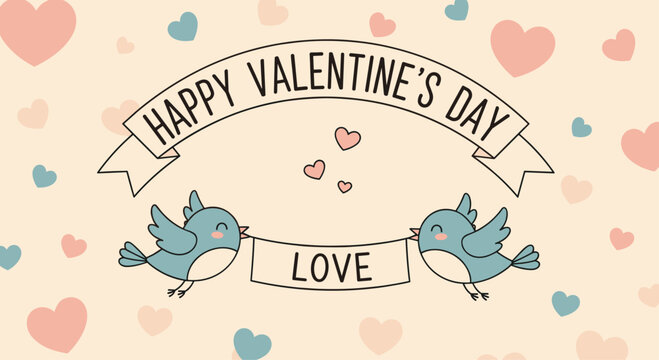 Two cute blue birds flying while holding a love banner against a background of floating pink and blue hearts for Valentine's Day.