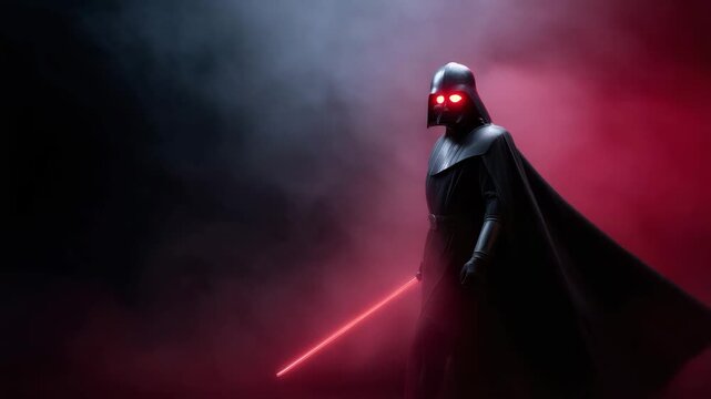 a dark futuristic sci-fi villain wearing a black armored helmet and long flowing cape, holding a glowing red energy sword. Dramatic side lighti