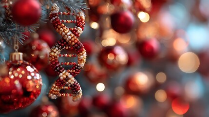 Close-up of DNA strand ornament on a Christmas tree with red and gold baubles and lights