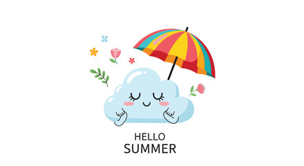 Adorable cloud character sleeping under a colorful rainbow umbrella surrounded by floating flowers and leaves with hello summer text.