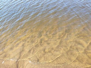 waves on a sandy lakeshore on a sunny day