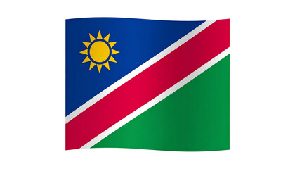 Wavy Namibia flag. Blue, red, green separated by white. Yellow sun in the blue top left