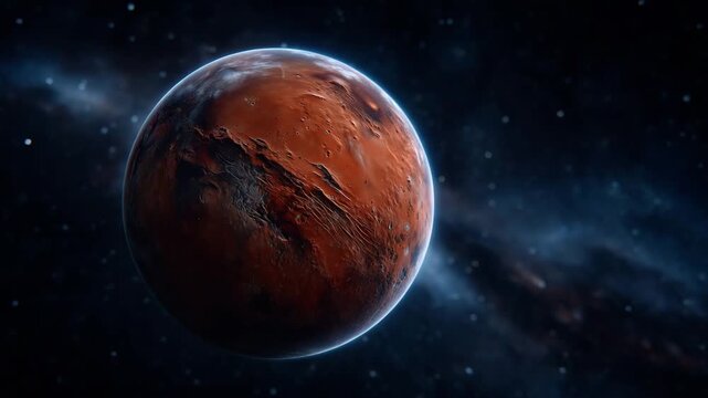 planet Mars floating in deep outer space, realistic red planet surface with visible canyons, craters and geological textures, dramatic lighting hig