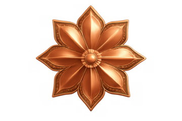 Copper flower rosette ornament with intricate carving, metallic decorative architectural relief, 3d rendering art