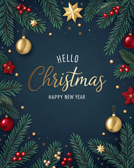 Christmas greeting card design with Hello Christmas text and Christmas tree decoration. 3D Rendering, 3D Illustration	