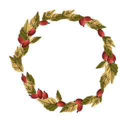 Circle frame with rosehip red berry and leaves