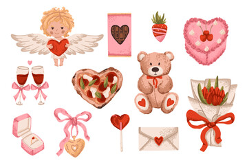 Cute Valentine Day set with heart cake, cupid and teddy bear