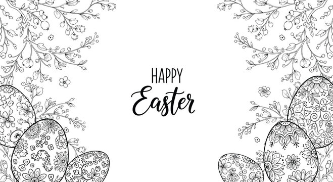 Happy easter greeting card featuring black and white line art of decorated eggs and spring floral branches.