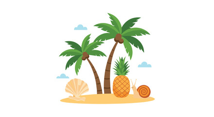 Obraz premium Sunny tropical island scene featuring palm trees a ripe pineapple a large seashell and a cute snail on the sand.