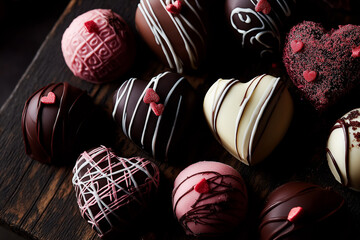 Close-up of assorted handmade chocolate truffles with heart decorations and pink sprinkles on dark wooden background, Valentine's Day dessert concept