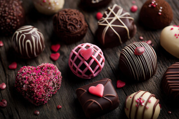 Fototapeta premium Close-up of assorted handmade chocolate truffles with heart decorations and pink sprinkles on dark wooden background, Valentine's Day dessert concept