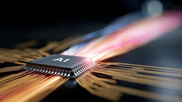 a glowing AI microchip at the center, with the letters ""AI"" illuminated on the processor surface. Powerful streams of colorful light beams and" 4k