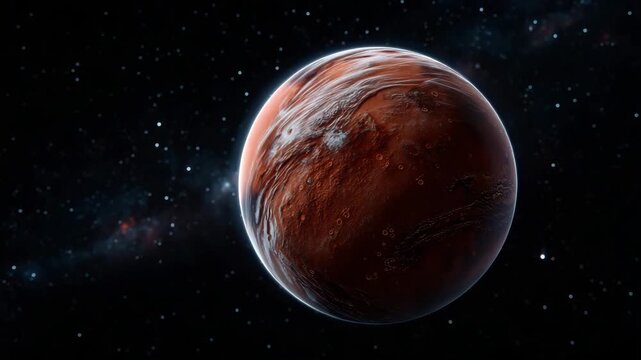 view of planet Mars floating in deep outer space, detailed red rocky surface with visible craters, valleys and geological formations, natural Martian colo 4K
