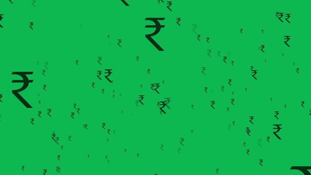 Dark green Indian Rupee symbols scattered on a bright green background currency money