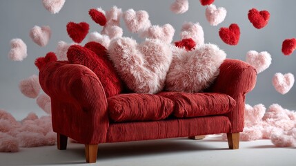 A cozy red couch sits at the center, adorned with soft, fluffy heart pillows in shades of red and pink. Heart-shaped decorations float artistically around, creating a festive mood for romance