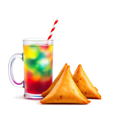 A glass of colorful drink with ice and samosas on a white background