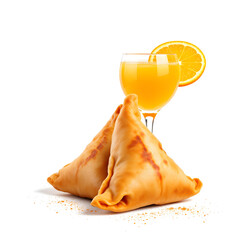 A glass of orange juice with a slice of orange next to two samosas on a white background