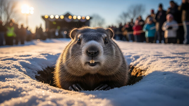 A groundhog emerges from its burrow on a winter day surrounded by a crowd
