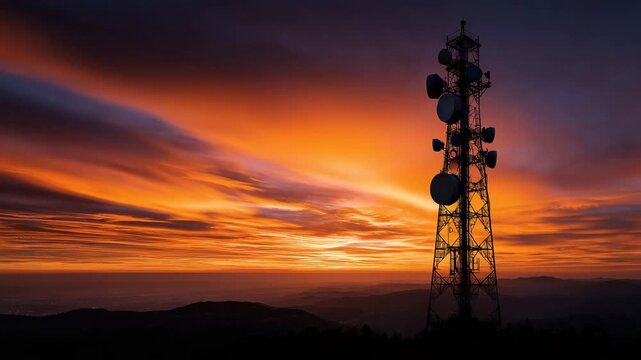 Telecommunication tower with multiple satellite dishes and antennas silhouetted against a colorful sunset sky, modern telecom network infrastructure