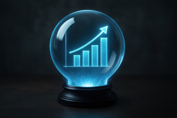 Growth forecast prediction future insight Holographic crystal ball with upward bar chart and arrow conveying optimistic business outlook and data-driven confidence