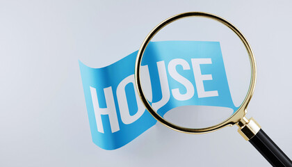 3d magnifying glass hovering over a flag with text saying house, grey background
