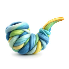 A colorful yarn sculpture with a unique design on a white background