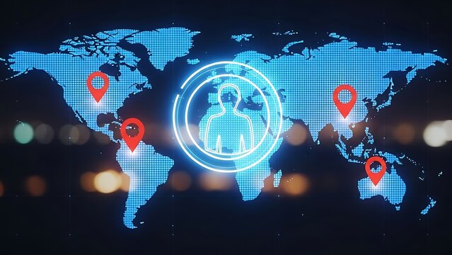 Digital map with location pins and central human blue - Powered by Adobe