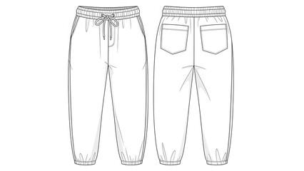 Vector flat illustration of elastic waist trousers with drawstring, front and back views