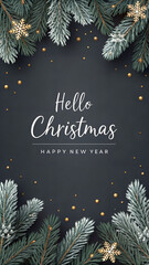 Dark blue Christmas greeting card design with Hello Christmas text and blue fir tree decoration. 3D Rendering, 3D Illustration