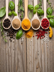 Spices and herbs on wooden spoons and rustic wood surface