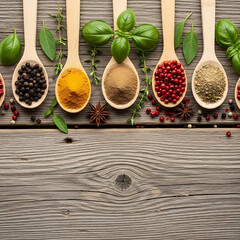 Spices and herbs on wooden spoons on wooden table